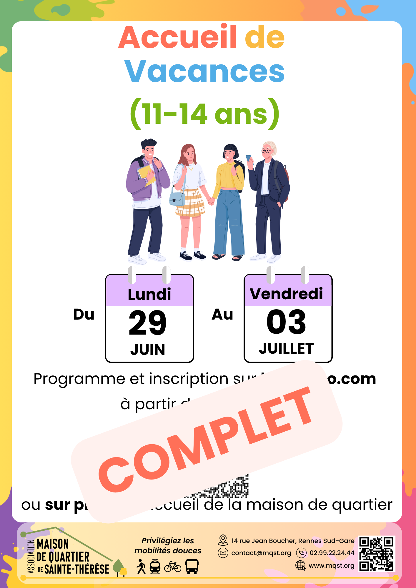 29 JUIN – 03 JUILLET – Accueil de vacances Collège Complet